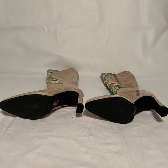NewPort News Easy Style Tan Suede Upcycled Embroidered Knee Boots - Picture 13 of 13